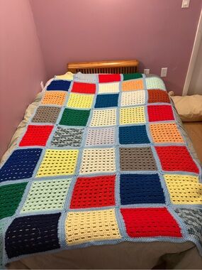 Vintage Colorful Crochet Patchwork Afghan Blanket 45x80” Retro Handmade